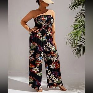 SHEIN VCAY Plus Tropical Print Wide Leg Tube Jumpsuit